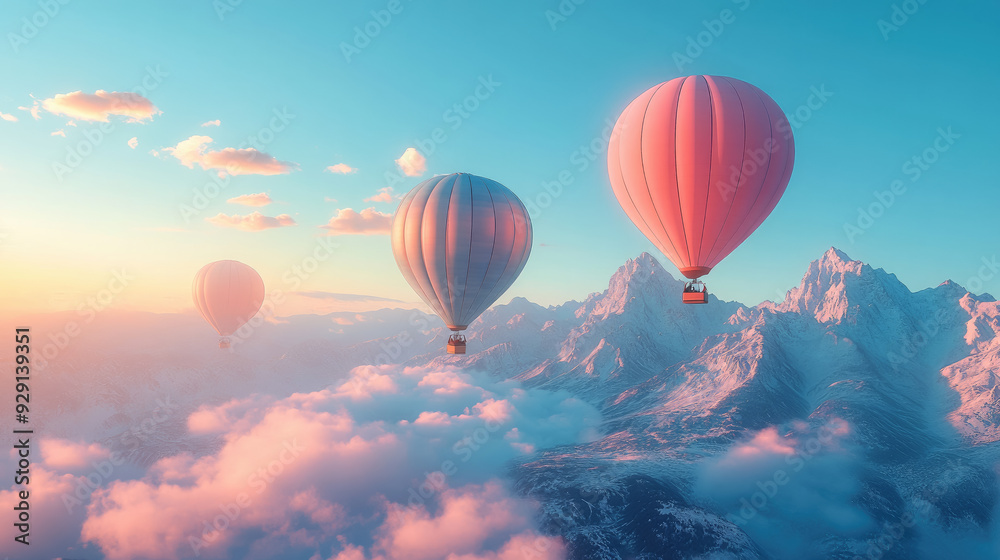 Obraz premium pink hot air balloons in the sky over the mountains, aeronautics, air transport, fabulous landscape, beauty, nature, flight, basket, movement, fantasy, dream, travel, vacation