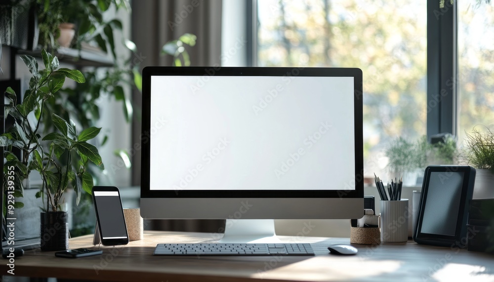 Modern workspace with computer, plants, and stationery in a bright room during daytime Modern workspace with computer, plants, and stationery in a bright room during daytime