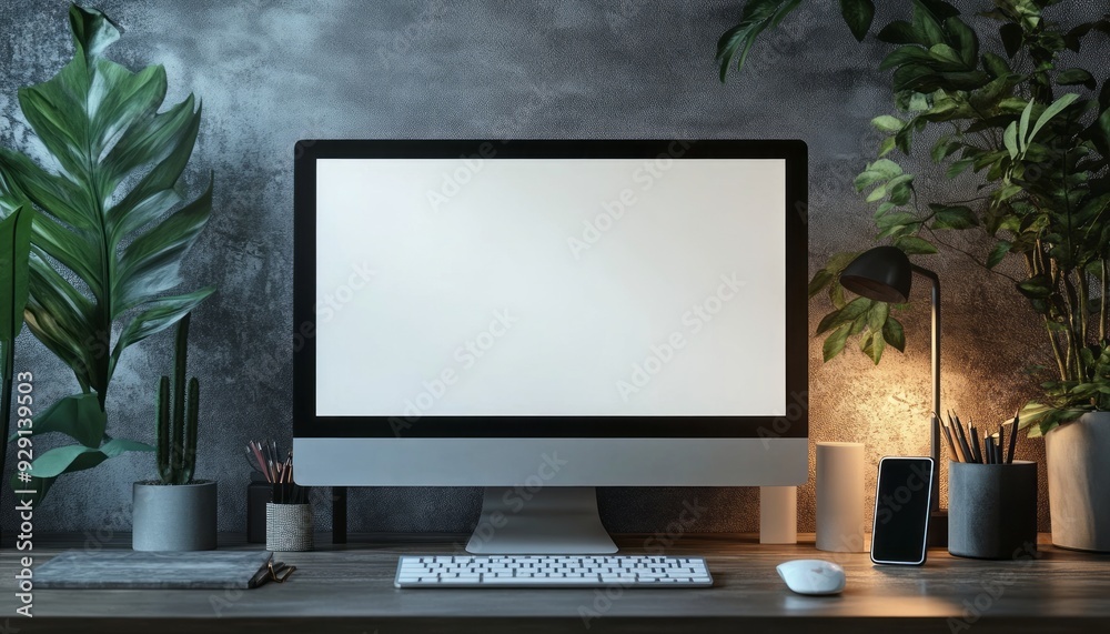 Modern workspace with a blank computer screen and plants in a well-lit environment Modern workspace with a blank computer screen and plants in a well-lit environment