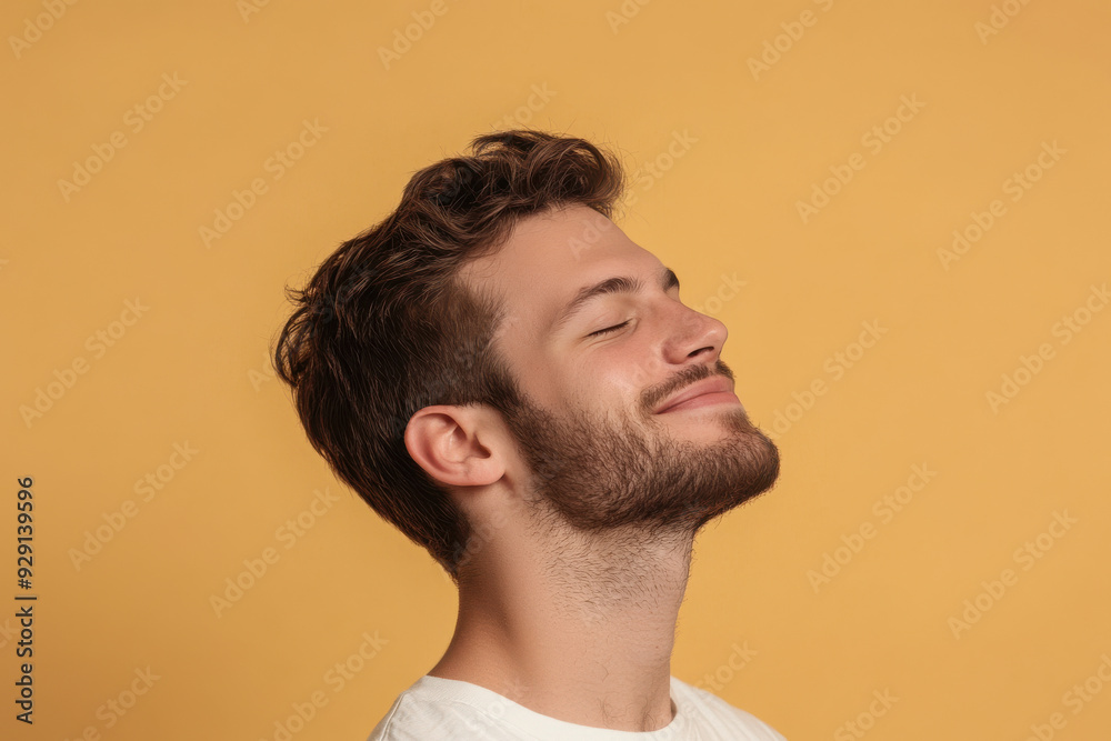 A close up of a man's face with his eyes closed