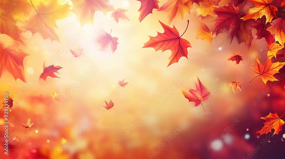 Falling Leaves, Golden Light: A picturesque autumnal scene showcasing vibrant red, orange, and yellow leaves gracefully descending against a backdrop of warm, sun-drenched hues. The gentle motion and Falling Leaves, Golden Light: A picturesque autumnal scene showcasing vibrant red, orange, and yellow leaves gracefully descending against a backdrop of warm, sun-drenched hues. The gentle motion and
