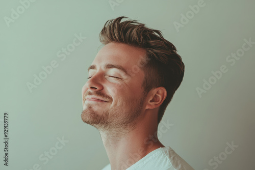 A close up of a man's face with his eyes closed