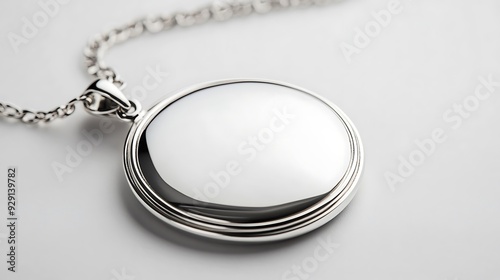 A blank silver round locket with long chain isolated on white background