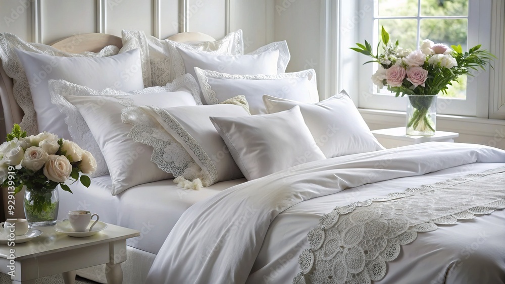 Soft, serene white bedding adorned with delicate lace, gently rumpled, inviting relaxation, as a peaceful slumber awaits in a calm and soothing atmosphere.