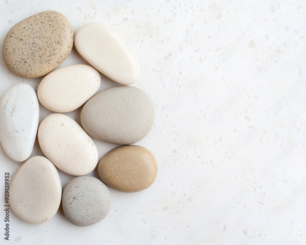 Delicate pebbles scattered on a smooth stone slab, soft lighting with generous copy space, perfect for contemporary styles. Delicate pebbles scattered on a smooth stone slab, soft lighting with generous copy space, perfect for contemporary styles.