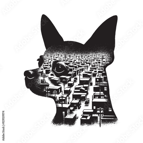silhouette of chihuahua, filled with ghetto street in rough drawing,