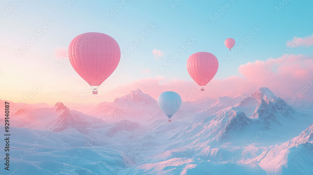 Obraz premium pink hot air balloons in the sky over the mountains, aeronautics, air transport, fabulous landscape, beauty, nature, flight, basket, movement, fantasy, dream, travel, vacation