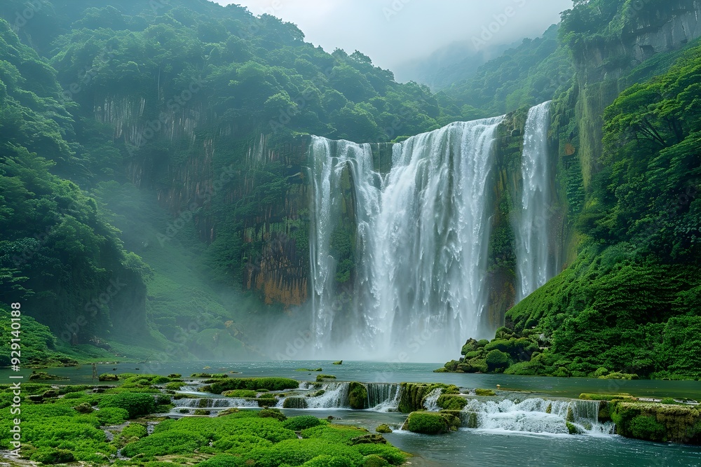 Fototapeta premium Majestic Waterfall Surrounded by Lush Verdant Foliage in Stunning Natural Landscape