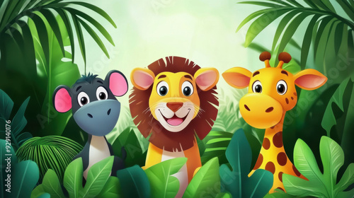 Three cartoon animals are standing in the jungle with leaves, AI