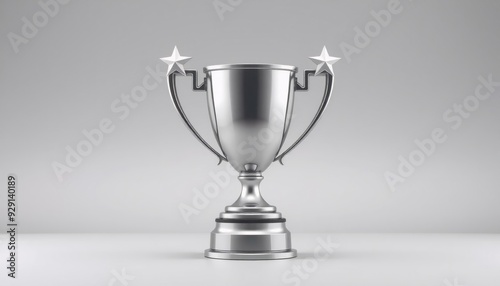 vector of a sleek silver trophy with four surrounding stars all against a gentle gray background symbolizing achievement and prestige