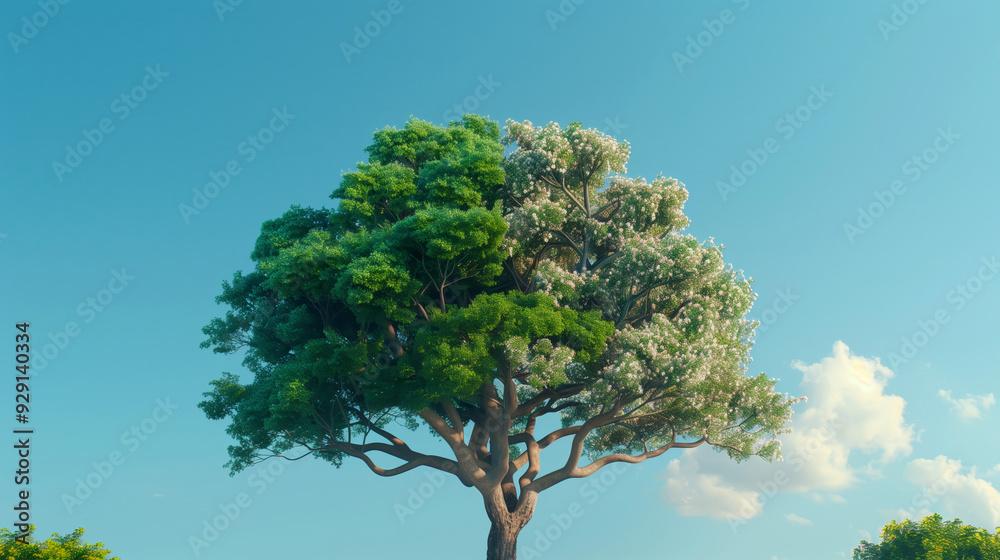 an impressive beautiful tree with white flowers in the center against a blue sky, half leaves half flowers an impressive beautiful tree with white flowers in the center against a blue sky, half leaves half flowers
