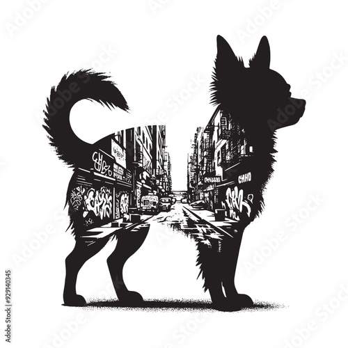 silhouette of chihuahua, filled with graffiti street wall in rough drawing,