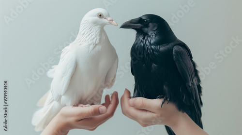 A white dove and a black raven held in the hands of two people, against a minimalistic background with pastel colors photo