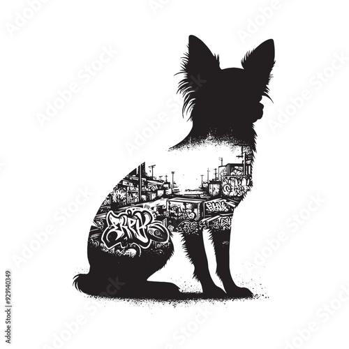 silhouette of chihuahua, filled with graffiti street wall in rough drawing,