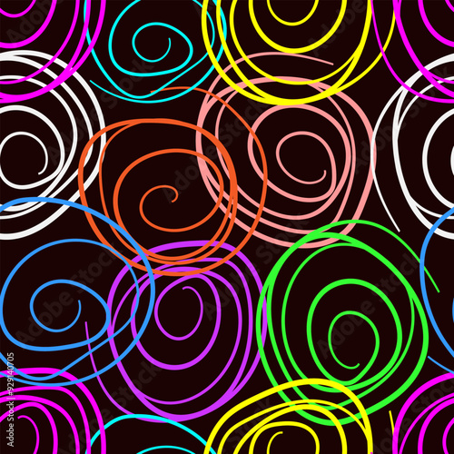 Seamless pattern of colorful doodles on a dark background. Doodles made from circles in one line