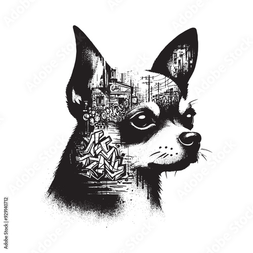 silhouette of chihuahua, filled with graffiti street wall in rough drawing,