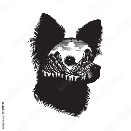 silhouette of chihuahua, filled with mountain and nature view in rough drawing,