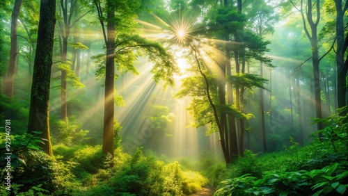 Soft warm sunlight streaming through a misty forest, illuminating a tranquil scenery with vibrant green foliage and subtle mist, evoking a sense of serenity. photo