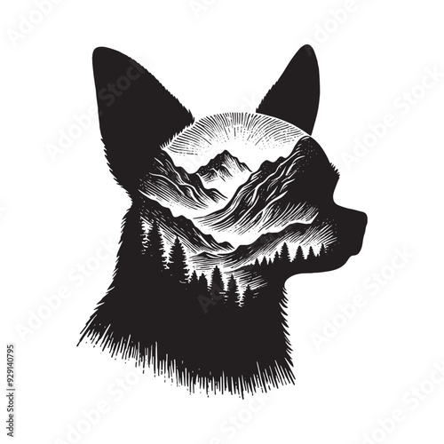 silhouette of chihuahua, filled with mountain and nature view in rough drawing,