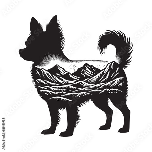 silhouette of chihuahua, filled with mountain and nature view in rough drawing,