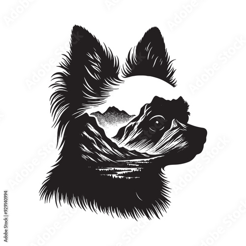 silhouette of chihuahua, filled with mountain and nature view in rough drawing,