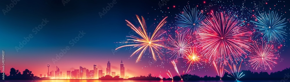Fototapeta premium Colorful fireworks illuminate the night sky over a city skyline, creating a festive atmosphere and a stunning visual display.