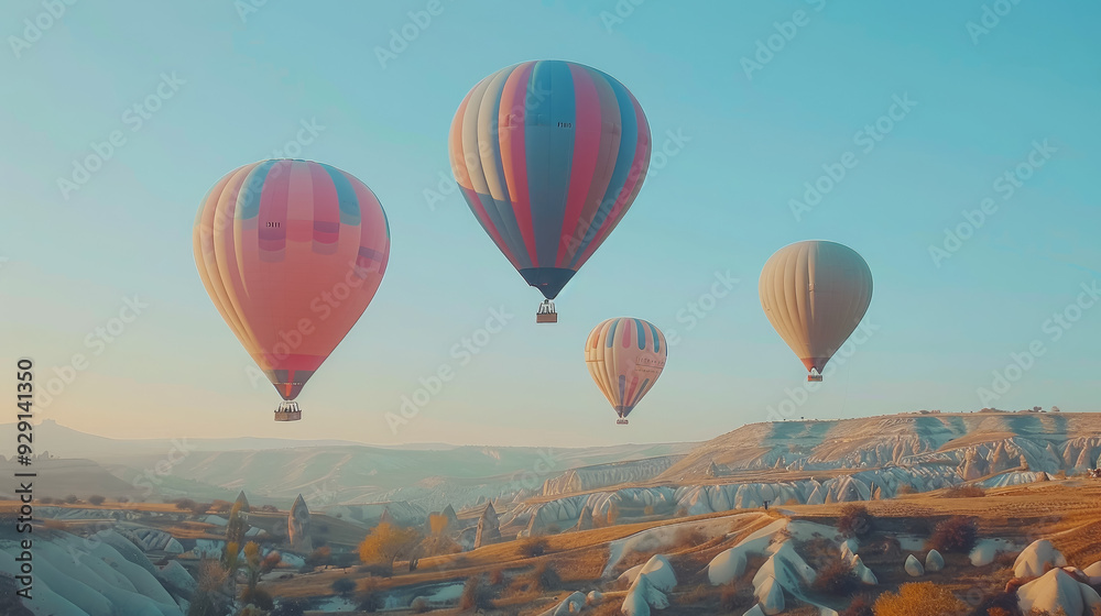 Obraz premium hot air balloons in the sky over the mountains of Cappadocia, aeronautics, air transport, fabulous landscape, beauty, nature, flight, basket, travel, fantasy, dream, Turkey, valley, hills, vacation