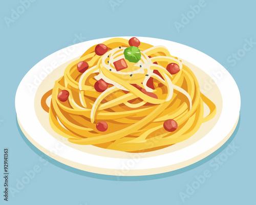 Delicious plate of spaghetti carbonara topped with grated cheese, bacon, and herbs, served on a white ceramic plate on a light background.