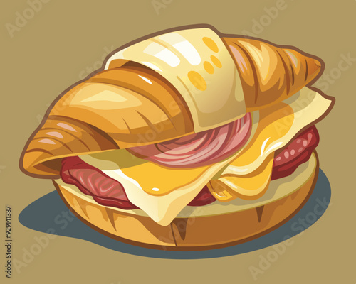 Ham and Cheese Croissant Sandwich, served in the morning to start your day, featuring layers of succulent ham, melted cheese, and a perfectly baked croissant.