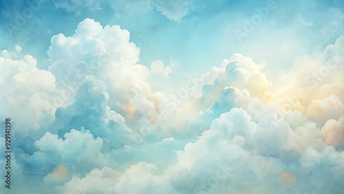 Soft white clouds with subtle texture and gradient tones overlap on a pale blue background, resembling a serene and dreamy watercolor print effect.