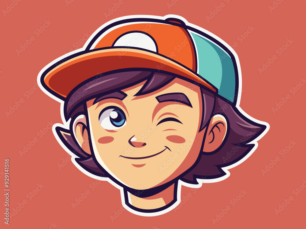 retro. young. head only. winking. facing side. wearing a baseball hat. retro. young. head only. winking. facing side. wearing a baseball hat.