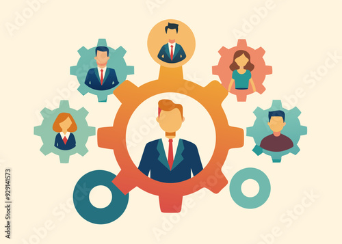 Roles and responsibilities, teamwork or resource management, work delegation, role definition or supervision, job position or organization concept, business man on gear cogwheels work with employees.