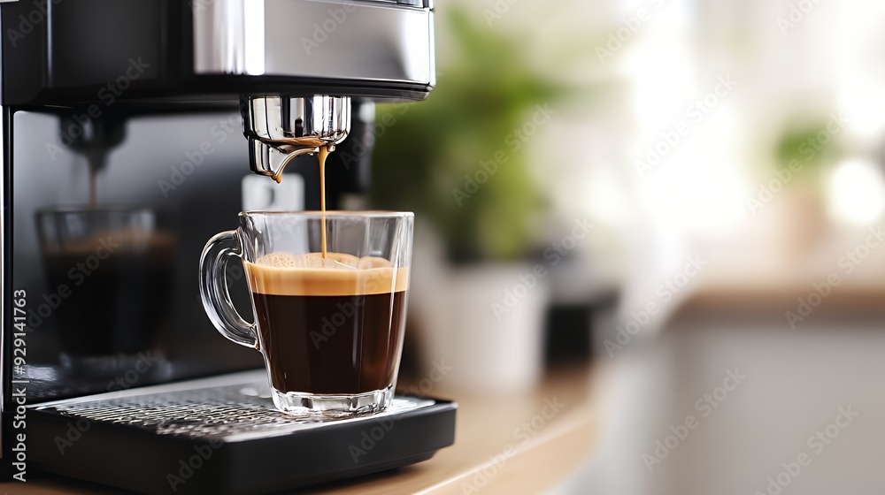 A coffee machine brewing espresso into a clear glass cup on a kitchen countertop. A coffee machine brewing espresso into a clear glass cup on a kitchen countertop.