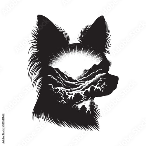 silhouette of chihuahua, filled with nature view in rough drawing,