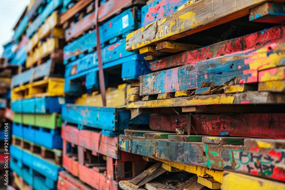 Fototapeta premium An assortment of stacked wooden pallets fills a warehouse space