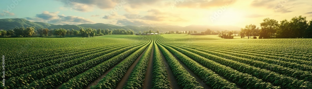Fototapeta premium A lush green field showcases vibrant crops under a golden sunrise, symbolizing growth and abundance in agriculture.