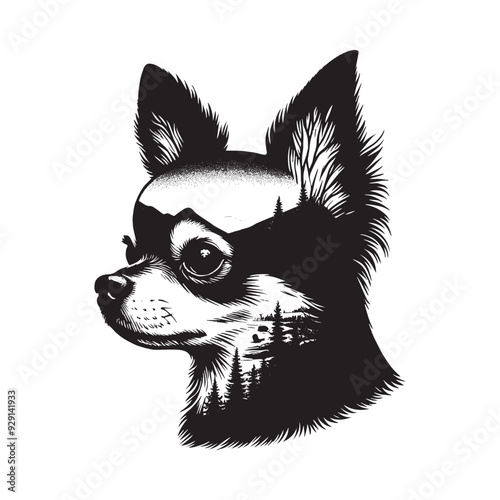 silhouette of chihuahua, filled with nature view in rough drawing,