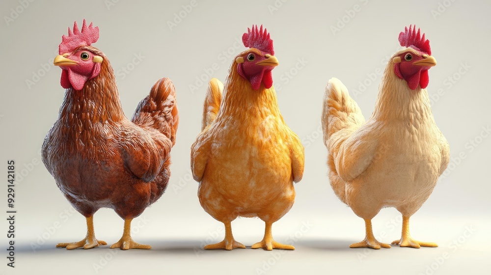 Three colorful chickens standing together, showcasing their unique feather patterns and vibrant combs in a light background. Three colorful chickens standing together, showcasing their unique feather patterns and vibrant combs in a light background.