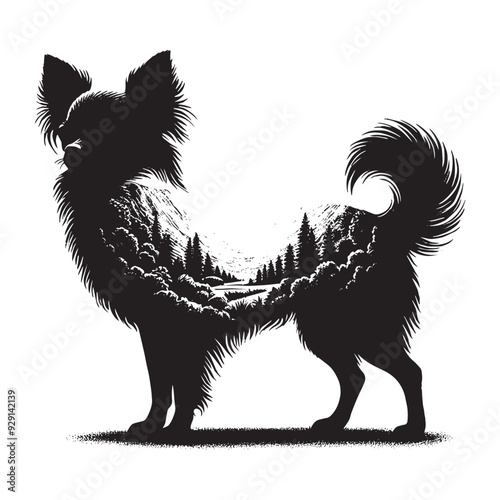 silhouette of chihuahua, filled with nature view in rough drawing,