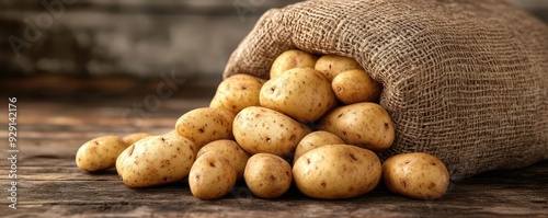 Fresh potatoes spilling from a burlap sack on a rustic wooden table, showcasing their smooth texture and earthy color. photo