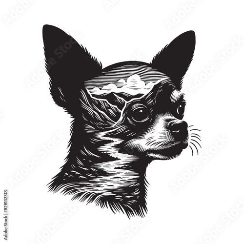 silhouette of chihuahua, filled with river view in rough drawing,