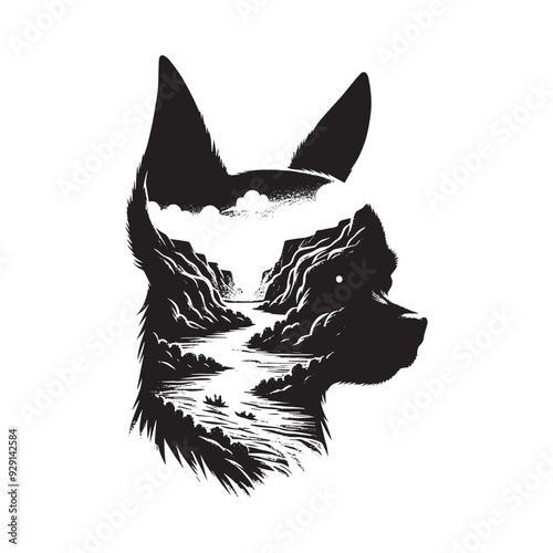 silhouette of chihuahua, filled with river view in rough drawing,