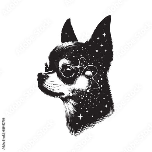 silhouette of chihuahua, filled with space and sci-fi element in rough drawing,