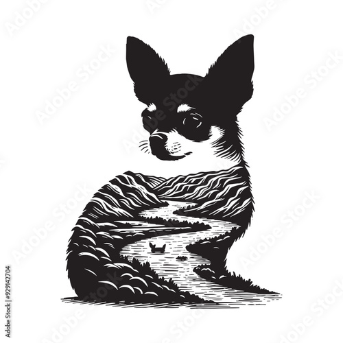 silhouette of chihuahua, filled with river view in rough drawing,