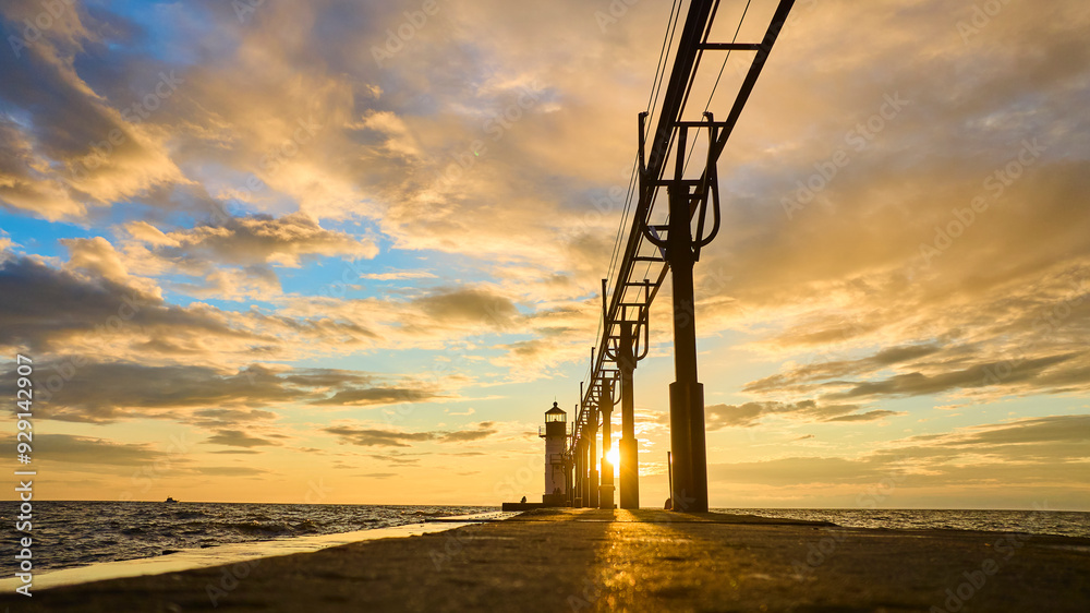 Aerial Sunset Over St Joseph Lighthouse and Pier Aerial Sunset Over St Joseph Lighthouse and Pier