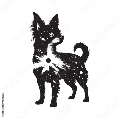 silhouette of chihuahua, filled with space and sci-fi element in rough drawing,