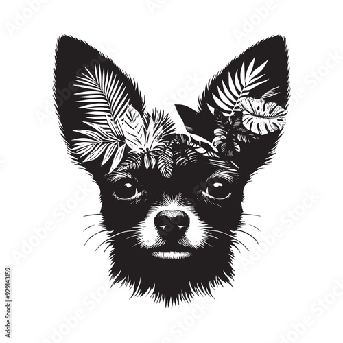 silhouette of chihuahua, filled with tropical plant in the jungle in rough drawing,