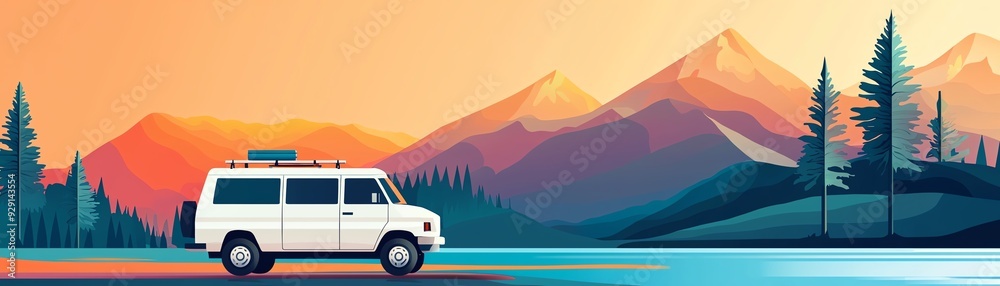 Naklejka premium A scenic view of a white van parked by a tranquil lake, surrounded by colorful mountains at sunset.