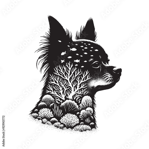 silhouette of chihuahua, filled with underwater view with coral in rough drawing,