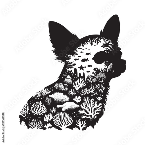silhouette of chihuahua, filled with underwater view with coral in rough drawing,